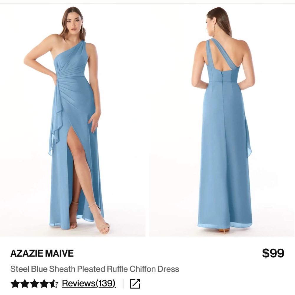 Azazie Maive Sz 4, Steel Blue bridesmaid dress. Dry cleaned excellent condition